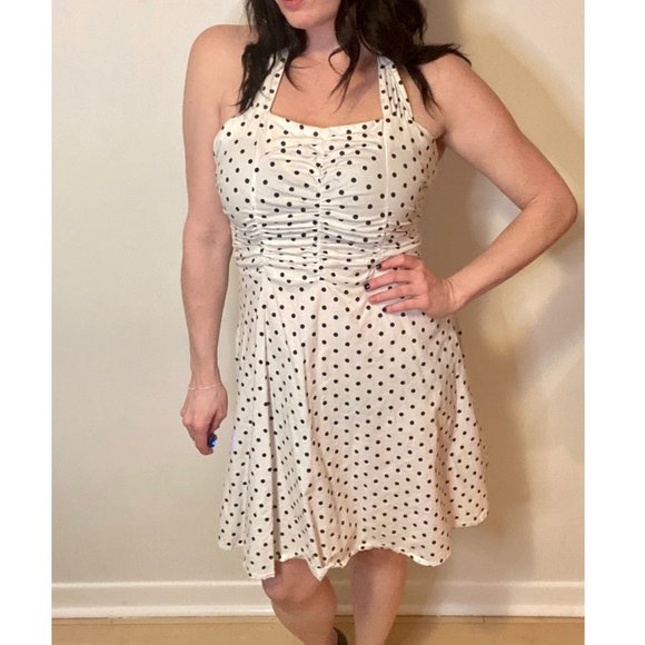 White w/ Black Polka Dot Halter Pinup Style Dress - Picture 2 of 4